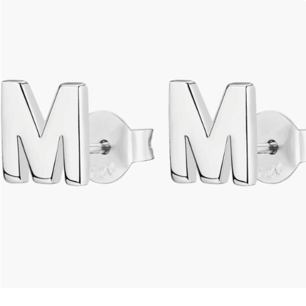 NIB PAVOI 14K White Gold Plated Sterling Silver Alphabet Letter Earrings "M"